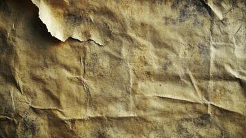 A textured backdrop of aged paper. The surface is creased and discolored, with a piece torn off from one corner, revealing rough edges. photo
