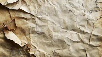 An old, creased paper texture in warm, neutral tones. The edges are torn, adding to the antique feel of the crumpled surface. photo