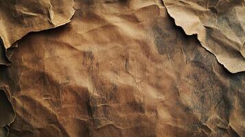 Textured brown crumpled paper with rough edges. The background features varied shades and textures. For use as backdrop, banner, graphic design. photo