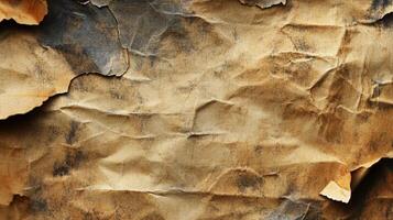 A close-up of an old, distressed sheet of brown paper, with tears and dark stains creating a textured, aged effect. photo