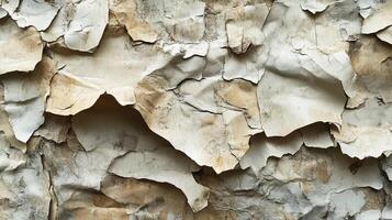Close-up of old paint peeling from a weathered wall, creating a textured surface with layers of white and beige tones. Weathered and worn. photo