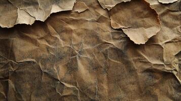 Torn, crumpled brown paper with a rough and textured surface, exhibiting age and wear. Dark stains add depth and character. photo