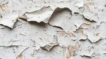 Peeling white paint reveals a distressed textured surface, creating an aged, weathered aesthetic with natural patterns and color variations. photo