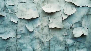 Peeling paint reveals an aged surface, creating a textured abstract pattern of blues and whites, hinting at a story of time and wear. photo