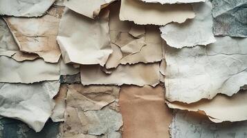 Textured mosaic of aged paper pieces. Warm and cool tones create contrast in this abstract composition made of paper fragments. photo