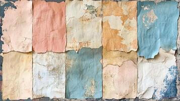 An array of tattered, pastel-colored papers on a textured surface, evoking age and artistic decay in a vintage aesthetic. photo
