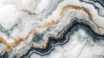 Abstract stone texture featuring swirling bands of white, gray, gold, and black, creating a natural artistic pattern with depth and movement. photo