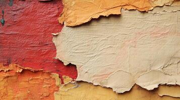 Layers of weathered paper and paint create a textured, abstract composition with shades of red, orange, and cream, revealing age. photo