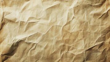 Detailed full frame shot of crumpled craft paper displaying multiple wrinkles and creases, showcasing its texture, tone, and rugged character. photo