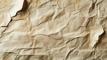 Crinkled sheet of paper, old and worn, with torn edges. The texture creates shadow lines and highlights. Aged paper background photo