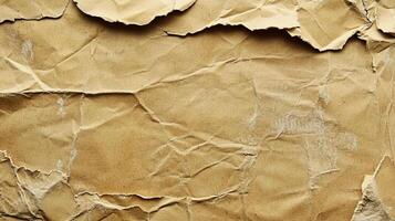 Distressed kraft paper with torn edges and deep creases. The texture of the material shows age and manipulation. Brown color palette. photo