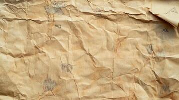 Vintage paper texture featuring wrinkles, hand-drawn sketches, and faded writing, creating an aged and mysterious look for backgrounds photo