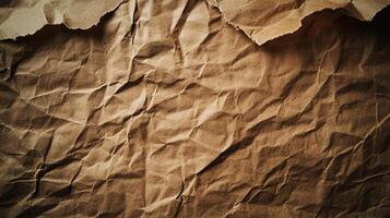 Textured brown paper background with a torn edge revealing the rough texture and creases, ideal for creative projects. photo