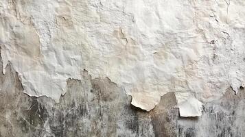 Weathered wall texture featuring peeling layers of paint, creating a distressed and aged appearance with a blend of whites and grays. photo