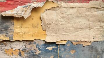 Abstract composition of ripped paper on a painted wall, revealing layers of color and texture, creating an intriguing visual experience. photo