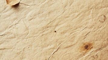 Close-up of aged paper with wrinkles, spots, and stains. Vintage texture for backgrounds and artistic projects. Warm, neutral color palette. photo