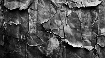 Abstract close-up of a cracked, and torn surface. Dark monochrome with sharp edges revealing layers beneath. Texture and depth. photo