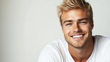 Blonde man with bright blue eyes and a beaming smile. The man is wearing a simple white t-shirt and has a light stubble. The image is clean. photo