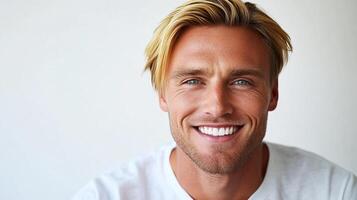 Smiling man with blonde hair against a white background. He has a nice smile with bright white teeth. photo