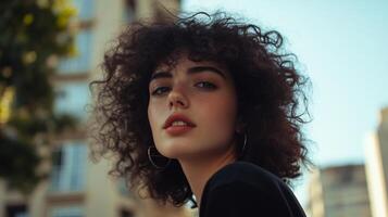 Portrait of a young woman with curly hair, gazing confidently into the camera, soft light and buildings in the background create a urban feel. photo