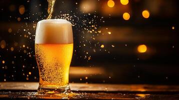 Refreshing glass of golden beer with frothy head, captured mid-pour, splashing droplets against a warm, bokeh-lit background. photo