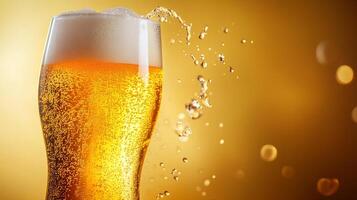 Refreshing beverage with foam creating a splash, a perfect drink for celebrations. Golden background enhances the bubbly texture. photo