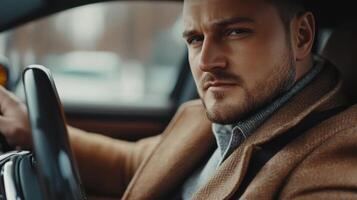 Confident man in car, gazing intensely, sporting a stylish brown coat and sharp shirt for a polished, sophisticated look and style. photo
