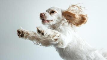 Joyful Spaniel mid-air, leaping with exuberance. Golden ears fly as it bounds, paws reaching. Pure canine bliss captured in motion. photo