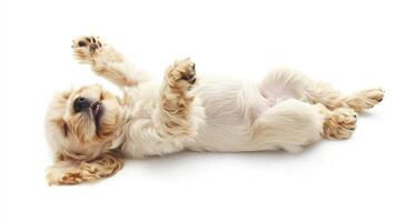Golden puppy playfully rolls on its back with paws up in the air, showing off its adorable belly. Its tongue is poking out, expressing joy. photo