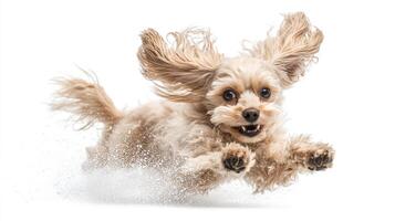 Energetic canine leaps with joy, showcasing infectious enthusiasm and furry charm, suspended mid-air against a pure white backdrop. photo
