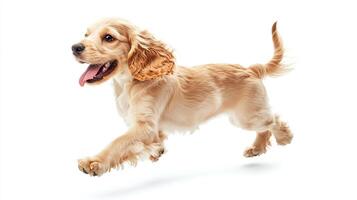 A golden puppy with floppy ears, tongue out, and tail up, joyfully runs with playful energy in a pure white studio setting. photo