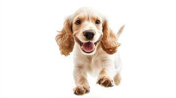A happy cocker spaniel puppy with tan and white fur running towards the camera with excitement on a white background, making a joyful scene. photo