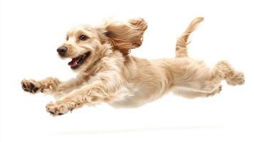 Joyful Golden Spaniel puppy leaps with boundless energy, showcasing a vibrant spirit and captivating charm against a stark white backdrop. photo