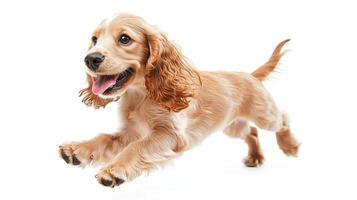 Joyful puppy leaps with glee, its golden fur catching the light in a moment of pure happiness. The epitome of canine exuberance. photo