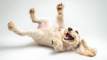 Playful pup on its back, paws in the air, joyfully displaying its belly, mouth open wide as if laughing against bright backdrop. photo