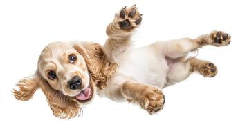Playful canine lying on its back, paws up, looking at camera with bright eyes and open mouth, ready for fun or treats. Isolated on white. photo
