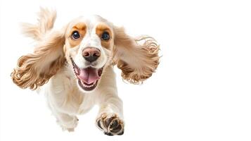 Energetic dog leaps forward, floppy ears flying. A happy, playful canine rushes towards the viewer with an enthusiastic grin. photo