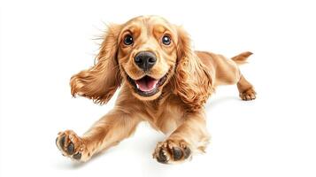 A cute spaniel with long curly ears, a shiny nose, and expressive eyes runs playfully towards the camera against a bright white backdrop. photo