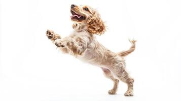 A light golden dog leaps into the air with a joyful expression. Its paws are outstretched, and tail is happily wagging. Happy dog. photo
