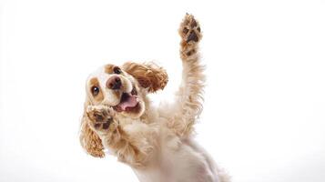 A tan and white spaniel dog is enthusiastically reaching up towards the camera, set against a bright, minimalist white backdrop. photo