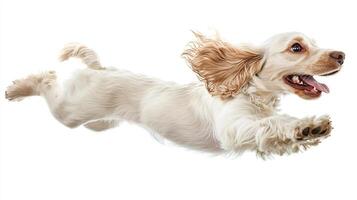 A joyful canine leaps with boundless energy. Cream coat, floppy ears, and tongue out. The light background enhances its carefree spirit. photo