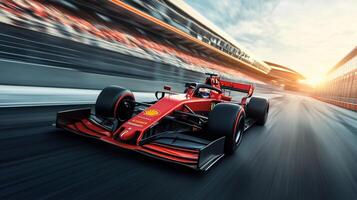 A sleek red race car speeds around a track. Motion blur suggests extreme velocity. A thrilling display of speed, precision, and performance. photo