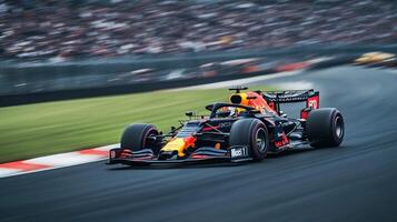 Formula One Race Car speeding on track during competitive event, showcasing modern design and aerodynamics amidst blurred spectators. photo