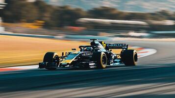 High-speed race car cornering on the track, blurred motion emphasizes the velocity. Excitement of motorsport competition. photo
