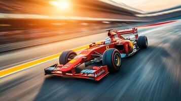 A fast red race car speeds down the track, with motion blur adding to the excitement and sense of speed in the bright sunlight. photo