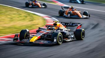 Formula racing car zooms on the track in a racing event, with other cars in the background, captured at a slightly low angle. photo