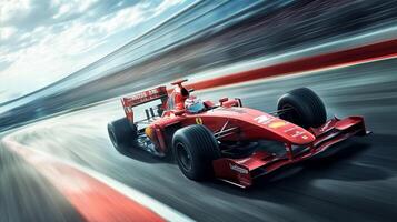 Crimson race car speeding along the track, pushing limits in thrilling motorsport competition. Fast, sleek, powerful performance. photo