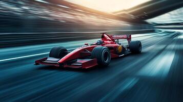 A vivid red race car speeds along a track, captured with a motion blur effect, creating an intense sense of speed and excitement. photo