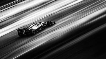 Monochrome race car streaks across the frame, embodying speed, power, and motion on its racing course. The track becomes a blur. photo