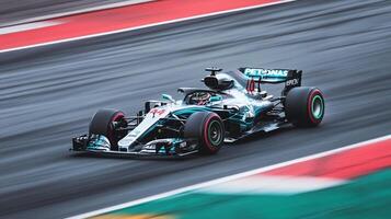 Race car speeding down the track with blurred lines and a sleek design showcasing the thrill of high-speed competition on the circuit. photo